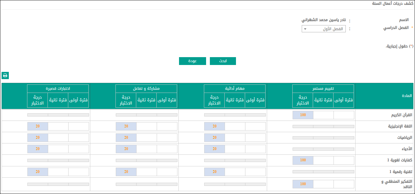 Grade report (كشف درجات أعمال السنة) showing all subjects with columns for continuous assessment, tasks, participation, and short tests